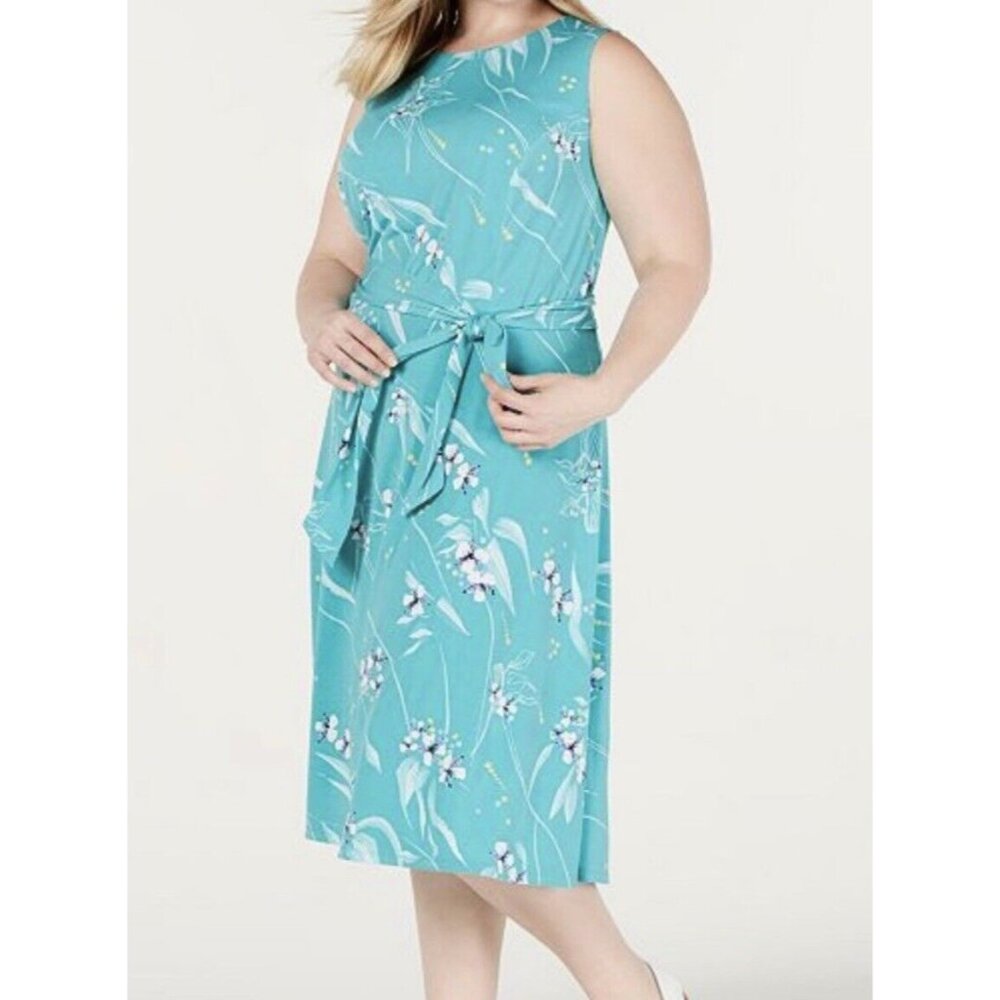 NWT charter club Women sleeveless dress midi XL stretch flower turquoise